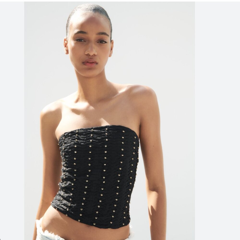 NWT ZARA BEADED STRAPLESS TOP BLACK RUCHED STRETCH BLOGGERS FAVE